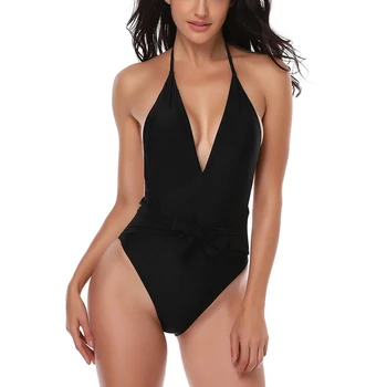 Yeni Varış Siyah Beyaz Tek parça Mayo V-Boyun Bandaj Bikini Katı Seksi Mayo Mayo Beachwear Brezilya Monokini