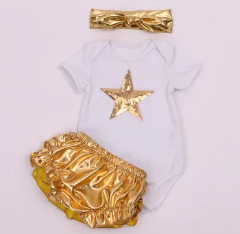 Yeni Yaz Kız Bebek Giyim Doğum günü Parti Hediyeleri İçin altın dantel külot yıldız Tulum Tulum saç bandı bebek ayakkabıları