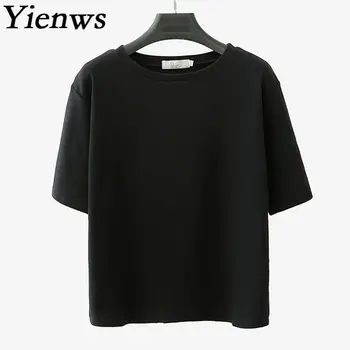 Yienws Kore Stil Gevşek Tee Shirt Femme Düz Renk Düz Yaz Bayanlar Kısa Kollu O-Boyun Kadın Beyaz Siyah YİT08 Tişörtleri