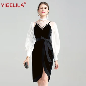 YİGELİLA 2018 Son Bahar Kadın Moda Siyah Beyaz 2 Adet Setleri-boyun Fener 62755 sırt dekolteli Bandaj Elbise Kol Seksi V