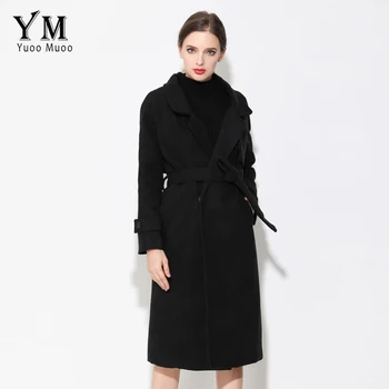 YuooMuoo Yeni Sonbahar Siyah Ceket Katı Yüksek Kaliteli Ceket Kadın Kış Uzun Ceket Rahat Turn-Aşağı Yaka Zarif Kadın Palto