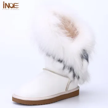 Yüksek Kaliteli Gerçek hakiki deri doğa tavşan tilki kürk püsküllü beyaz kadın kar moda kış ayakkabıları su geçirmez daireler çizme