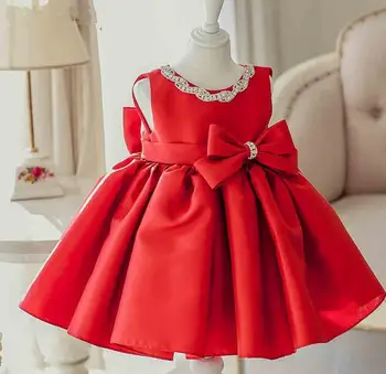 Zarif Kız Elbise 2017 Moda Kırmızı Saten Payet Yay Kolsuz Parti Tül Çiçek Prenses Düğün Doğum Günü Topu Cüppe Elbise