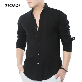 Zecmos Sosyal Dede Çince Mandarin Yaka Gömlek Erkek Casual Gömlek Yüksek Kaliteli Pamuk Keten Gömlek