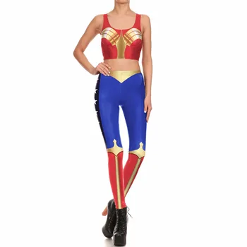 Çizgi Wonder Woman Avengers Baskılar Kadınlar Cosplay YENİ 1692 Seksi Kız leggins Kırpma Üst Yelek sutyen Fitness Egzersiz Uygun Ayarlar Tozluk