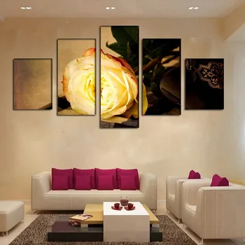 Çiçek Duvar Sanatı Ev Dekorasyon 5 Adet Modern Modüler Resim Tuval Hayır Gül Altın Çerçeveli