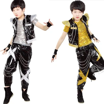 Çocuk Hip Hop Performans Giyim BoysJazz Modern Dans Çocuklar Kısa Kollu Elbise Takım Elbise Gümüş Kostüm Setleri