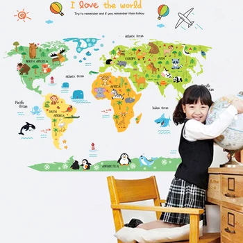 Çocuk Odası için çizgi film dünya haritası PVC DİY Yapışkanlı Vinil Duvar Çıkartmaları Yatak Odası Ev Dekorasyonu Dekorasyon Sanat Duvar Çıkartması Duvar