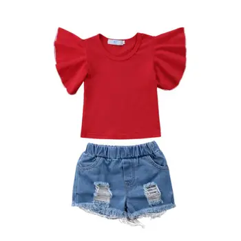 Çocuklar Bebek Kız Kısa Kollu gömlek ve Pantolon Fırfır Üstleri T-Denim 5Years 1 Giysi Pamuk Kız Yaz Giyim Setleri Kıyafetler-