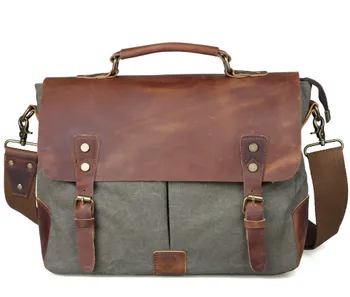 Çılgın at deri 14 İnç Dizüstü bilgisayar Çantası ile rahat taşınabilir şey yapıyor Vintage erkek çanta tuval postacı çantası Messenger çanta
