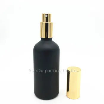 Ücretsiz Kargo 12pcs altın alüminyum püskürtücü, Uçucu Yağ Sprey Cam parfüm şişesi ile siyah Buzlu cam şişe 100 ml
