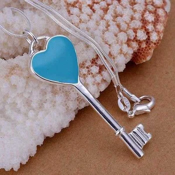 Ücretsiz Kargo 925 gümüş takı CP065 Takı Kolye İyi Moda Sevimli Mavi kalp anahtar Kolye Kolye En Kaliteli kaplama