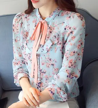 Ücretsiz Kargo Yüksek Kalite Güzel Yaka Ilmek Kravat Çiçek Uzun Kollu Şifon Kadın Bluz Baskılı