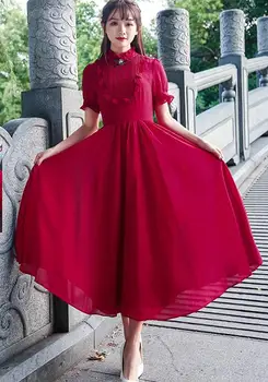 Ücretsiz Nakliye Bahar Yeni Stil Saf Renk Retro Yaka Fermuar Kısa Kollu Kadın Uzun Elbise Kırmızı Decoared